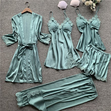 Load image into Gallery viewer, JULY&#39;S SONG 5 Pieces Women Pajamas Sets  Elegant Sexy Lace  Faux Silk Sleepwear Sets Stain Spring Summer Autumn Robe Home wear