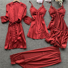 Load image into Gallery viewer, JULY&#39;S SONG 5 Pieces Women Pajamas Sets  Elegant Sexy Lace  Faux Silk Sleepwear Sets Stain Spring Summer Autumn Robe Home wear