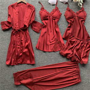 JULY'S SONG 5 Pieces Women Pajamas Sets  Elegant Sexy Lace  Faux Silk Sleepwear Sets Stain Spring Summer Autumn Robe Home wear