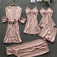 Load image into Gallery viewer, JULY&#39;S SONG 5 Pieces Women Pajamas Sets  Elegant Sexy Lace  Faux Silk Sleepwear Sets Stain Spring Summer Autumn Robe Home wear