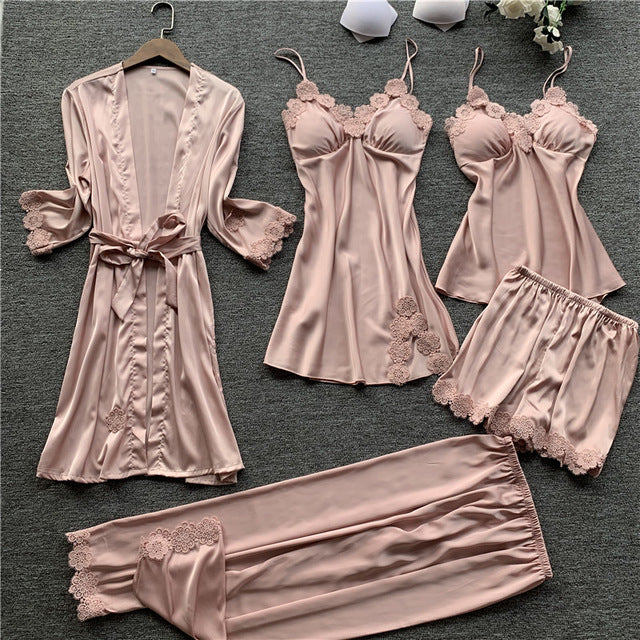 JULY'S SONG 5 Pieces Women Pajamas Sets  Elegant Sexy Lace  Faux Silk Sleepwear Sets Stain Spring Summer Autumn Robe Home wear