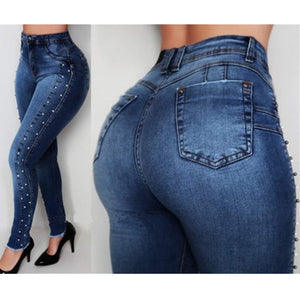 Women high waist jeans Slim Skinny Elastic Denim jeans pants ladies Vintage Beading Push Up Pencil calca Jeans winter mom Jeans