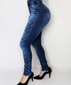 Women high waist jeans Slim Skinny Elastic Denim jeans pants ladies Vintage Beading Push Up Pencil calca Jeans winter mom Jeans