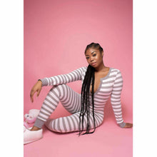 Load image into Gallery viewer, Hot Women Long Sleeve Button V Neck Striped Bodycon Party Stretchy One Piece Pajamas Autumn Nightwear Sleepwear Romper Jumpsuit