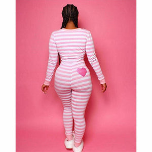 Hot Women Long Sleeve Button V Neck Striped Bodycon Party Stretchy One Piece Pajamas Autumn Nightwear Sleepwear Romper Jumpsuit