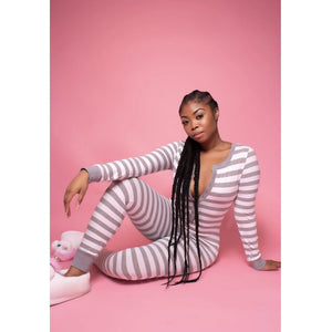 Hot Women Long Sleeve Button V Neck Striped Bodycon Party Stretchy One Piece Pajamas Autumn Nightwear Sleepwear Romper Jumpsuit