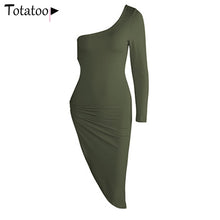 Load image into Gallery viewer, Novgirl One Shoulder Long Sleeve Metal Ring Hollow Out High Split Sexy Dress Women Irregular Bodycon Clubwear Party Midi Dress