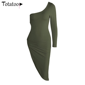 Novgirl One Shoulder Long Sleeve Metal Ring Hollow Out High Split Sexy Dress Women Irregular Bodycon Clubwear Party Midi Dress