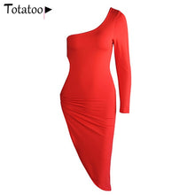 Load image into Gallery viewer, Novgirl One Shoulder Long Sleeve Metal Ring Hollow Out High Split Sexy Dress Women Irregular Bodycon Clubwear Party Midi Dress