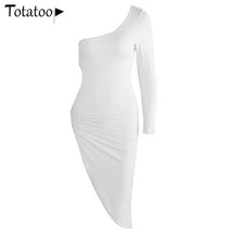 Load image into Gallery viewer, Novgirl One Shoulder Long Sleeve Metal Ring Hollow Out High Split Sexy Dress Women Irregular Bodycon Clubwear Party Midi Dress