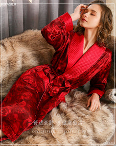 Sexy red rose winter 100% genuine silk women robes nightgowns Thicken sexy plaid mulberry silk robes women Dressing gown S5656