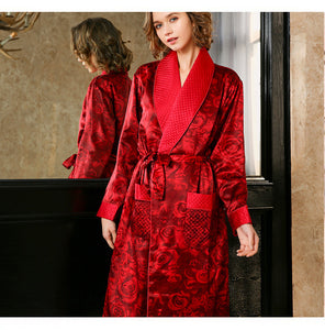 Sexy red rose winter 100% genuine silk women robes nightgowns Thicken sexy plaid mulberry silk robes women Dressing gown S5656