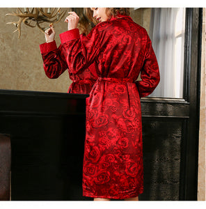 Sexy red rose winter 100% genuine silk women robes nightgowns Thicken sexy plaid mulberry silk robes women Dressing gown S5656