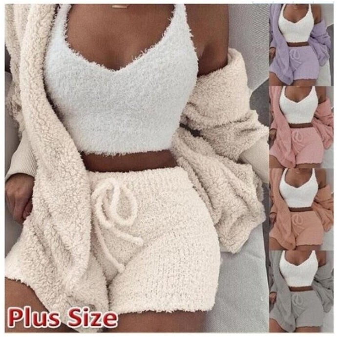 Women Coral Velvet Pajamas Set Spring Autumn Winter Pajamas 3 Three Piece Set Sleepwear Tops Shorts Coat Suit Size S-3XL