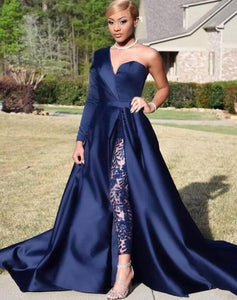 Blue Formal Celebrity Dresses A-line One-shoulder Slit Sexy Long Evening Dresses Famous Red Carpet Dresses