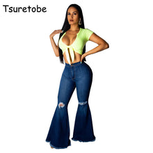 Load image into Gallery viewer, Tsuretobe Fashion Denim Flare Pants Women Retro Ripped Jeans Wide Leg Trousers Lady Casual Bell-Bottoms Flare Pant Female