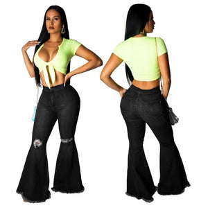 Tsuretobe Fashion Denim Flare Pants Women Retro Ripped Jeans Wide Leg Trousers Lady Casual Bell-Bottoms Flare Pant Female