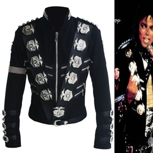 Rare MJ Michael Jackson BAD Black Classic Jacket With Silver Eagle Badges Punk Metal Fashion Badge woolen Clothing Show Gift