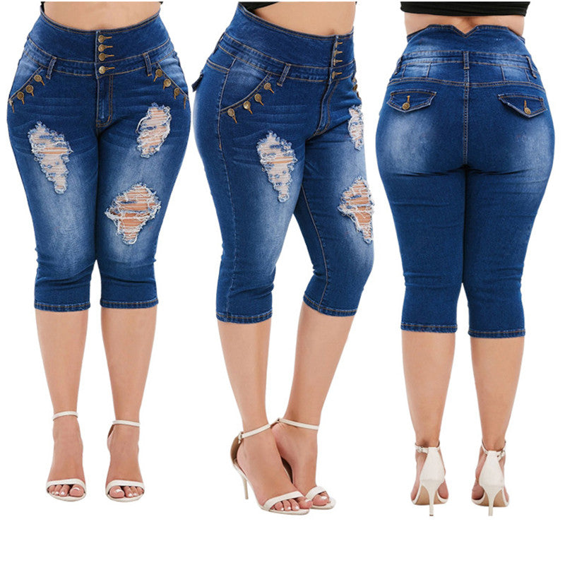 2020 hot sale summer woman ripped jeans high waist skinny denim jeans knee length pants plus size clothing L-5XL new arrival