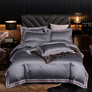 Luxury 1000TC Egyptian Cotton Sateen Blue Bedding Set Chic Edge Duvet Cover Bed Linen Fitted sheet Twin Queen King Size 4Pcs