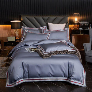 Luxury 1000TC Egyptian Cotton Sateen Blue Bedding Set Chic Edge Duvet Cover Bed Linen Fitted sheet Twin Queen King Size 4Pcs