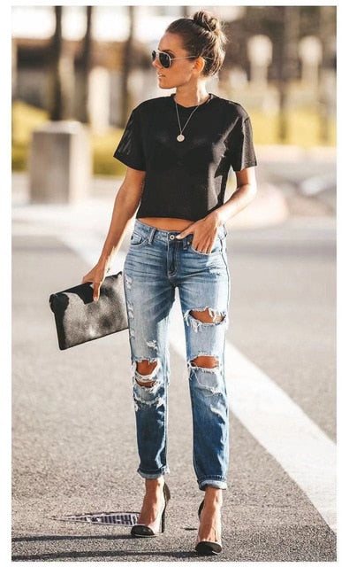 2020 Spring Fashion Hole Ripped Jeans Women Destroyed Cool Denim Mid Waist Skinny Jeans Pants Summer Slim Pencil Jeans Trousers