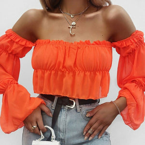 Candy Colors Off Shoulder Mesh Long Sleeve Ruffle Blouse Tops