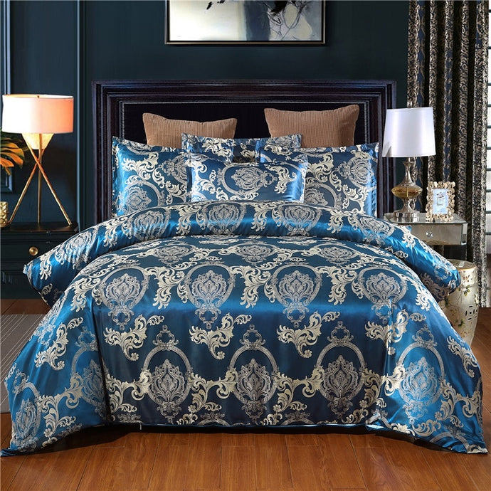 Luxury Bedding Sets Blue Satin Silk Jacquard Bed Set Single Queen King Duvet Cover with Pillowcase Single Bedding Set Luxury