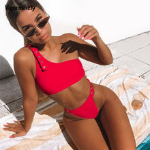 Load image into Gallery viewer, 2020 High Waist Cut Push Up Solid One Shoulder Bikini Bathing Suit