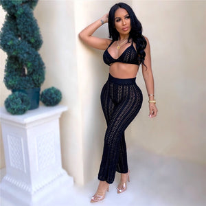 Fishnet Knitted Two Piece See Through Bra +Top + Pants Casual Beach Outfits