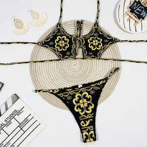 Bandage Swimsuit Women Two Piece Thong Bikini Mujer 2020 Sexy Hollow Out Print Bathing Suit Women Summer Halter Swimwear Biquini