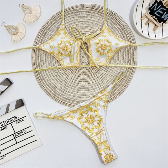 Bandage Swimsuit Women Two Piece Thong Bikini Mujer 2020 Sexy Hollow Out Print Bathing Suit Women Summer Halter Swimwear Biquini