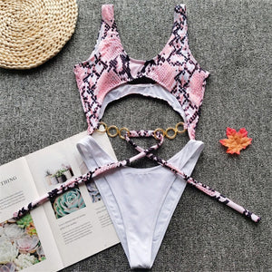 Hollow Out Bikini Halter One Piece Bandage Swimsuit