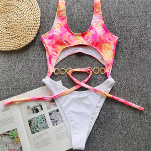 Hollow Out Bikini Halter One Piece Bandage Swimsuit