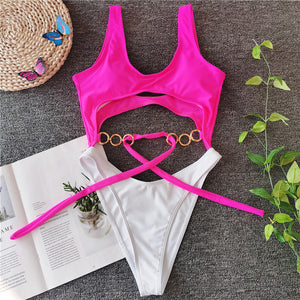 Hollow Out Bikini Halter One Piece Bandage Swimsuit