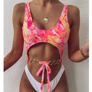 Hollow Out Bikini Halter One Piece Bandage Swimsuit