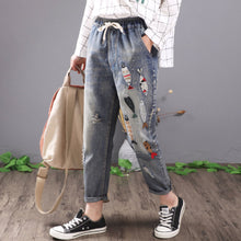 Load image into Gallery viewer, Women Vintage Embroidered Ripped Cotton Denim Lace Up Elastic Waist Jeans