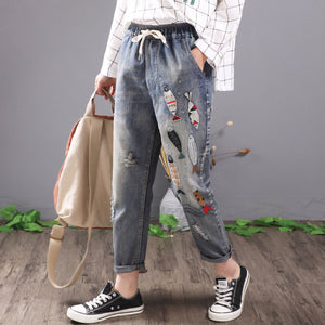 Women Vintage Embroidered Ripped Cotton Denim Lace Up Elastic Waist Jeans