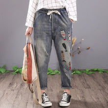 Load image into Gallery viewer, Women Vintage Embroidered Ripped Cotton Denim Lace Up Elastic Waist Jeans