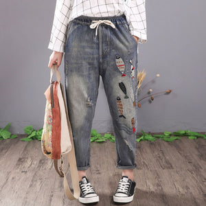 Women Vintage Embroidered Ripped Cotton Denim Lace Up Elastic Waist Jeans