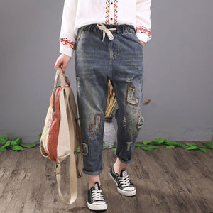 Women Vintage Embroidered Ripped Cotton Denim Lace Up Elastic Waist Jeans