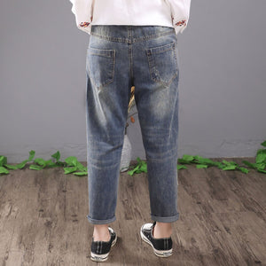 Women Vintage Embroidered Ripped Cotton Denim Lace Up Elastic Waist Jeans