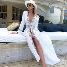 Load image into Gallery viewer, 2020 Crochet White Knitted Beach Cover up dress Tunic Long Cover up Robe Beachwear