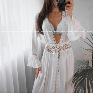 2020 Crochet White Knitted Beach Cover up dress Tunic Long Cover up Robe Beachwear