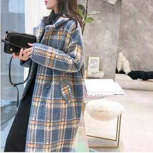 Elegant plaid women fashion woolen coats casual turn-down collar warm outwear