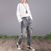 Load image into Gallery viewer, Women Vintage Embroidered Ripped Cotton Denim Lace Up Elastic Waist Jeans