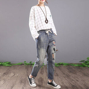 Women Vintage Embroidered Ripped Cotton Denim Lace Up Elastic Waist Jeans