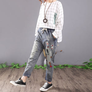 Women Vintage Embroidered Ripped Cotton Denim Lace Up Elastic Waist Jeans