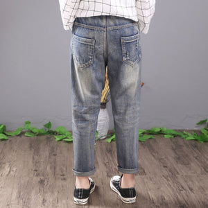 Women Vintage Embroidered Ripped Cotton Denim Lace Up Elastic Waist Jeans