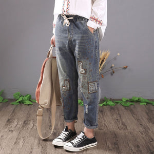 Women Vintage Embroidered Ripped Cotton Denim Lace Up Elastic Waist Jeans